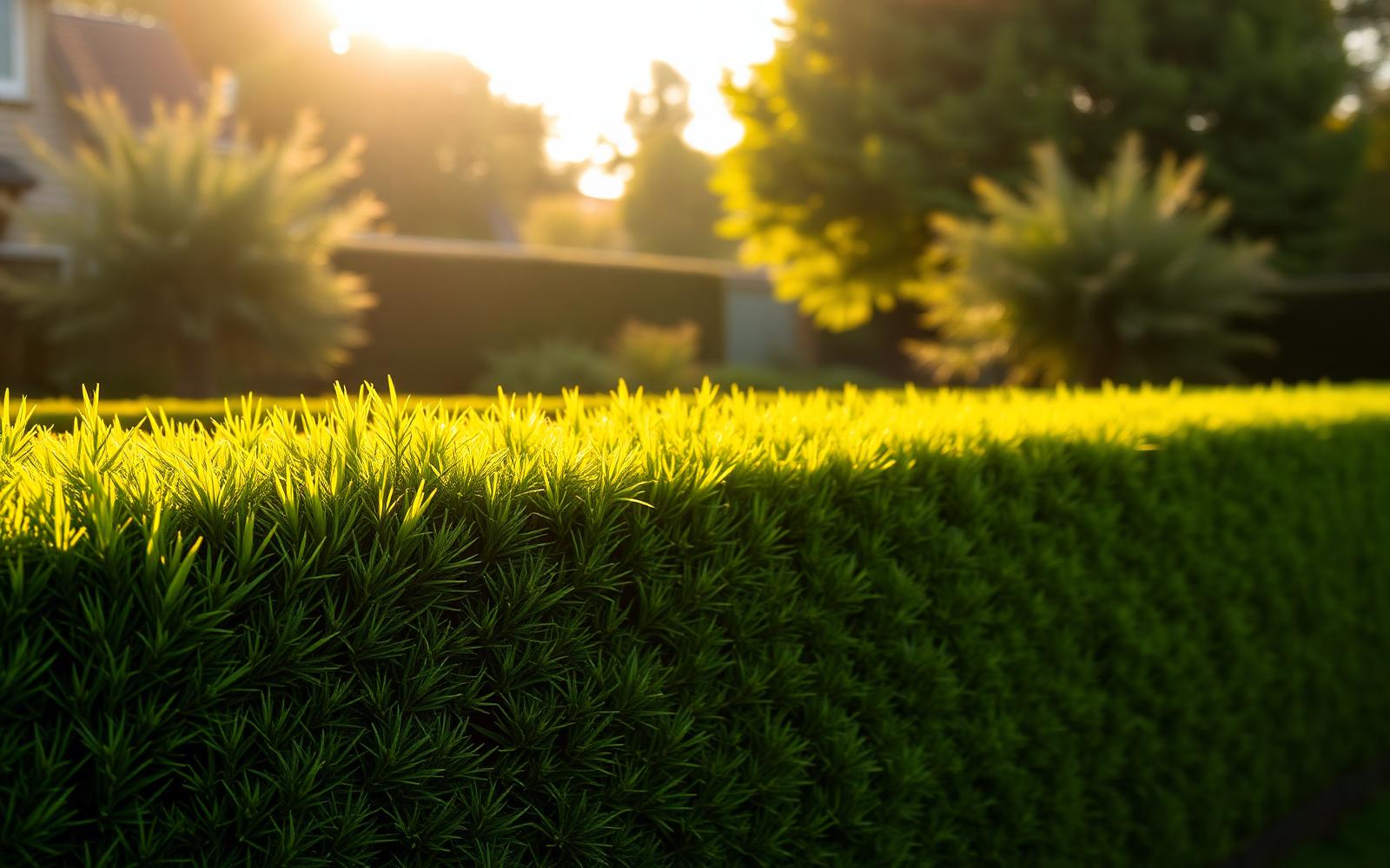 Freshly cut garden hedge with a crisp, level top in golden evening light